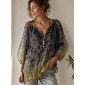 Casual Studio XL Boho Sheer Rayon Tunic Blouse India Watercolor Print Green Purp